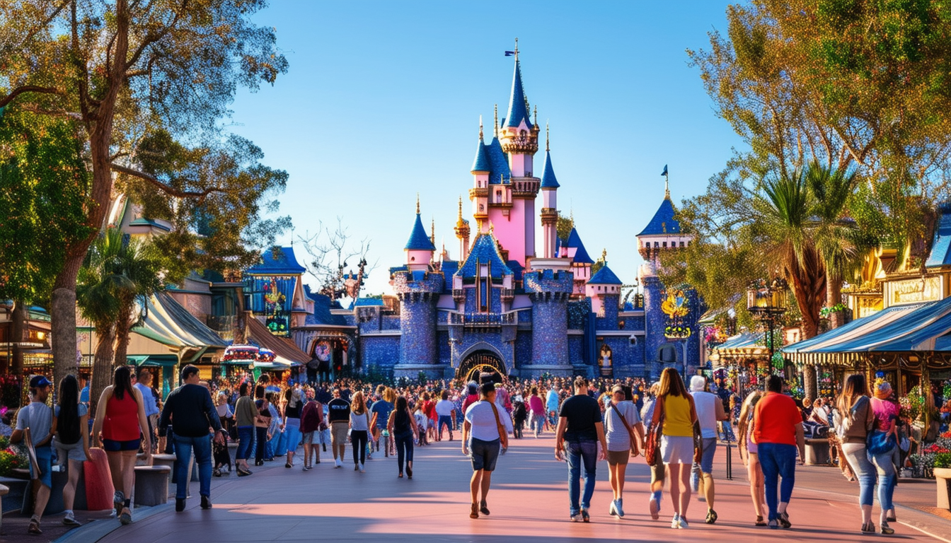 A stunning view of Disneyland Resort with guests e