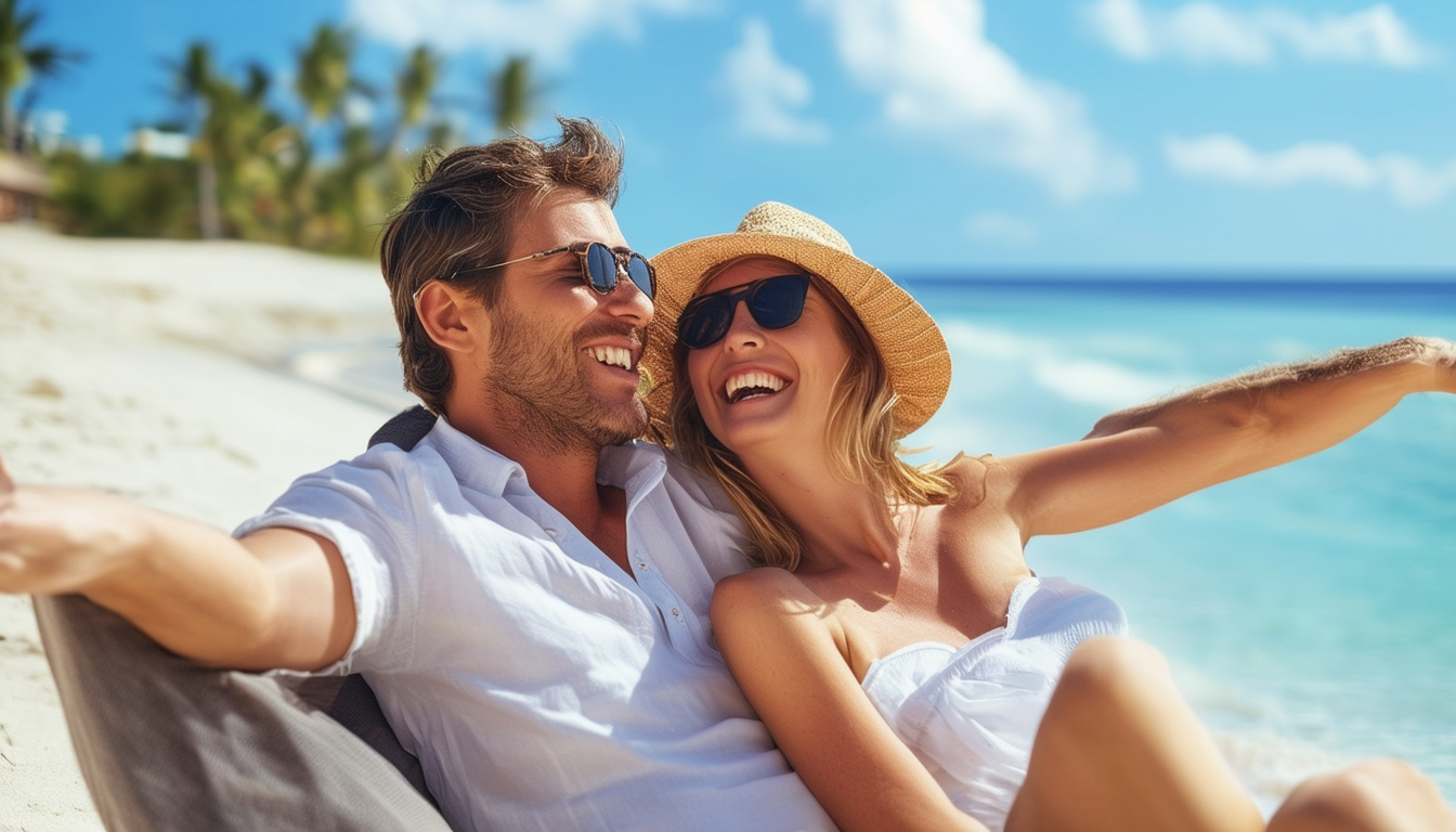 An image of a happy couple relaxing on a beach, wi